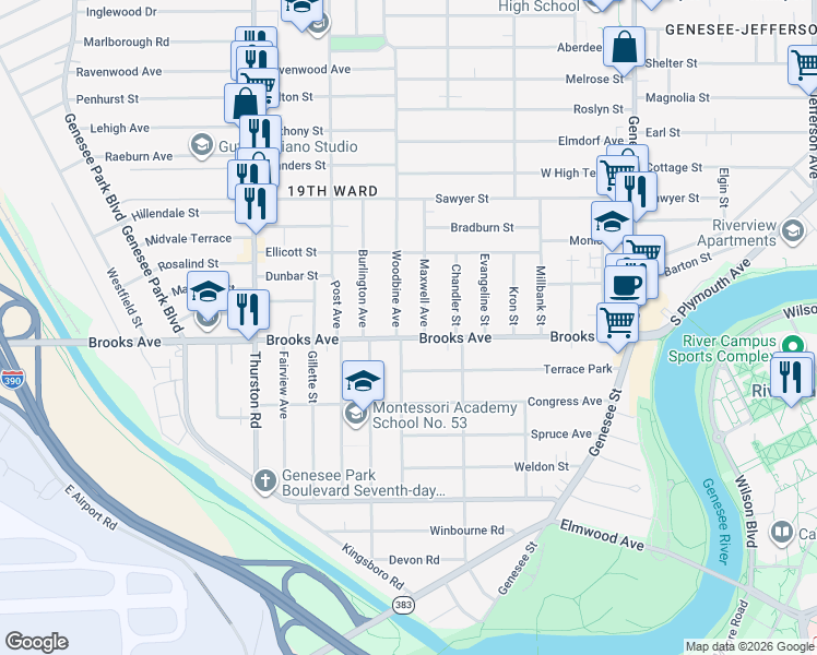 map of restaurants, bars, coffee shops, grocery stores, and more near 342 Brooks Avenue in Rochester