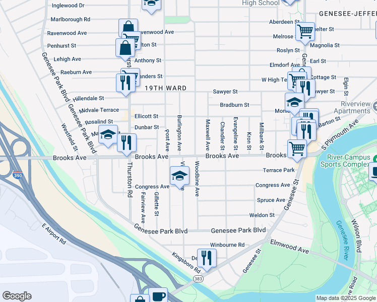 map of restaurants, bars, coffee shops, grocery stores, and more near 393 Brooks Avenue in Rochester