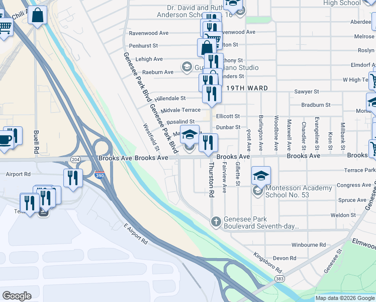 map of restaurants, bars, coffee shops, grocery stores, and more near in Rochester