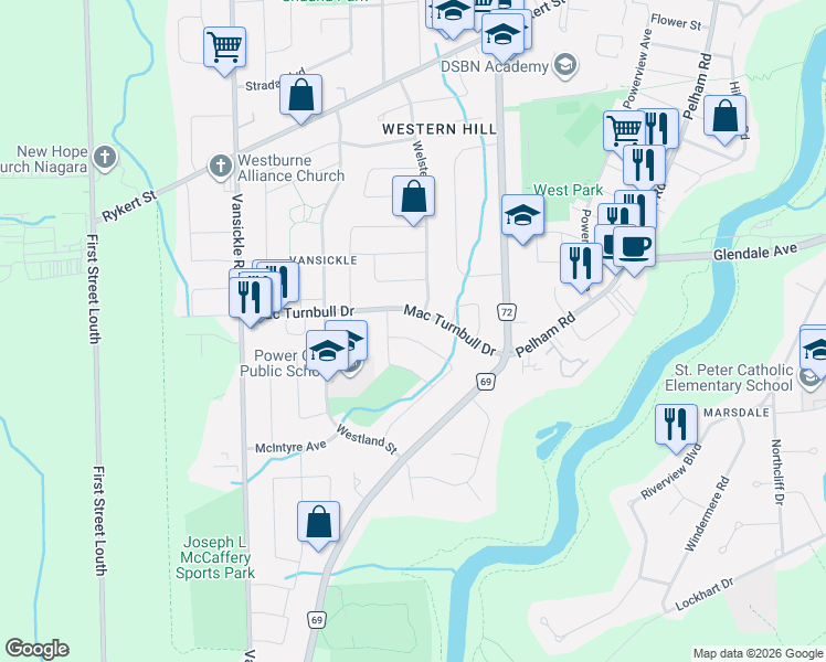 map of restaurants, bars, coffee shops, grocery stores, and more near 59 Sterling Street in St. Catharines