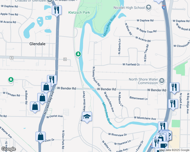 map of restaurants, bars, coffee shops, grocery stores, and more near 1226 West Glen River Road in Glendale