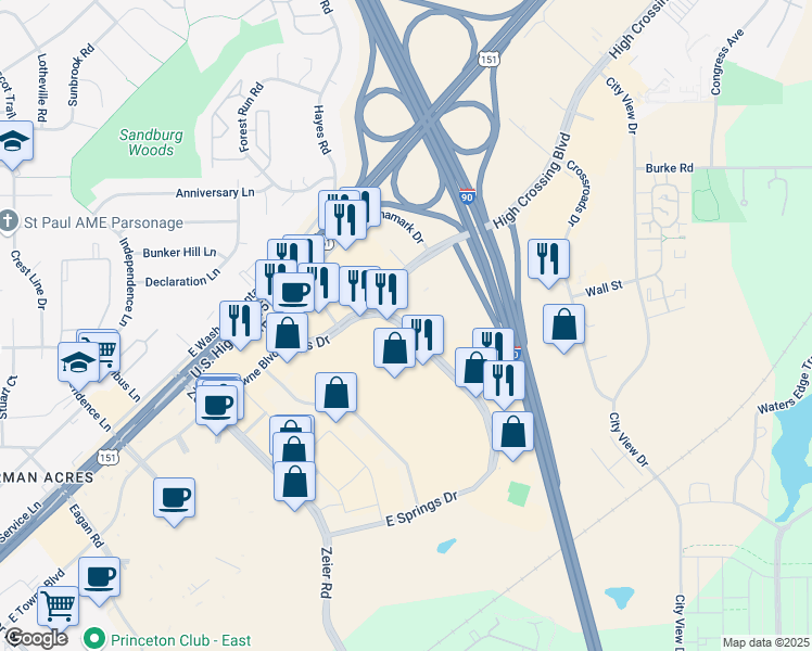 map of restaurants, bars, coffee shops, grocery stores, and more near 2434 East Springs Drive in Madison