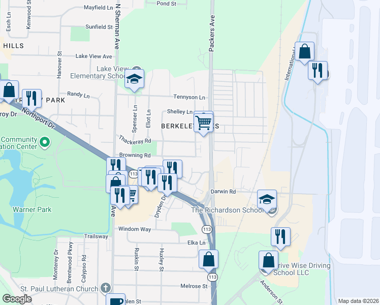 map of restaurants, bars, coffee shops, grocery stores, and more near 2000 Browning Road in Madison