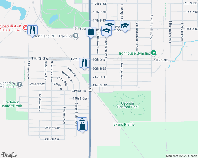 map of restaurants, bars, coffee shops, grocery stores, and more near 100-104 22nd Street Southeast in Mason City