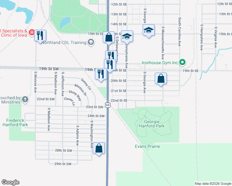 map of restaurants, bars, coffee shops, grocery stores, and more near 100-104 22nd Street Southeast in Mason City