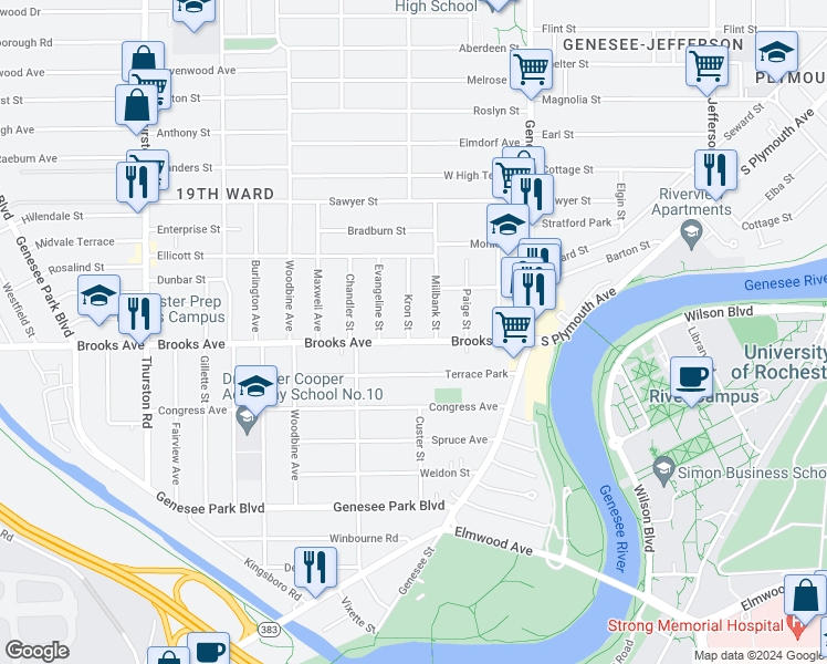 map of restaurants, bars, coffee shops, grocery stores, and more near 200 Brooks Avenue in Rochester