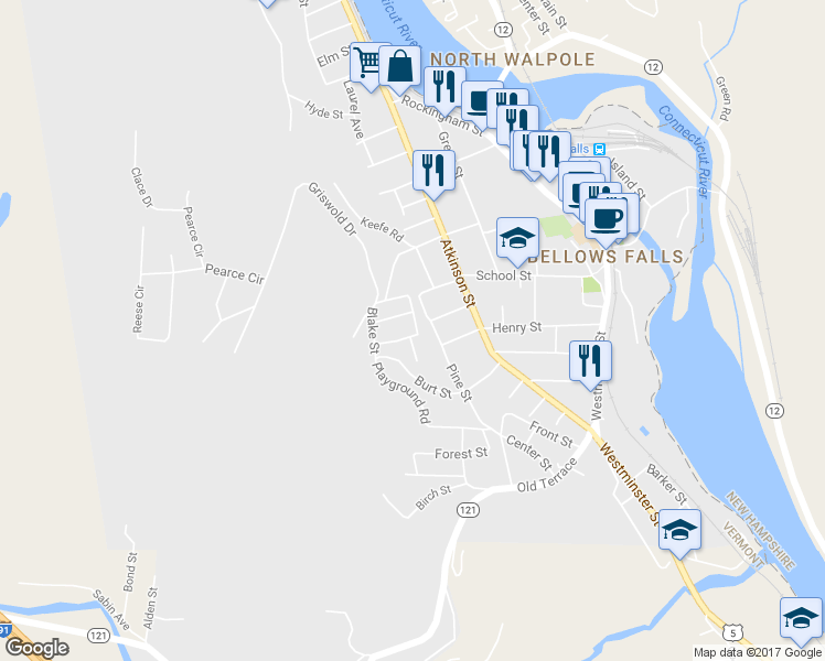 map of restaurants, bars, coffee shops, grocery stores, and more near 25 Prospect Street in Town of Rockingham