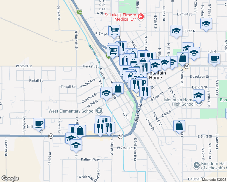 map of restaurants, bars, coffee shops, grocery stores, and more near 210 North 3rd West in Mountain Home