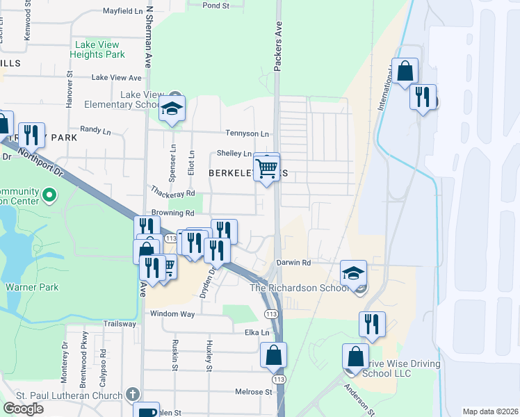 map of restaurants, bars, coffee shops, grocery stores, and more near 3401 Kipling Drive in Madison