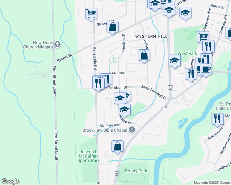 map of restaurants, bars, coffee shops, grocery stores, and more near 13 Marks Crescent in St. Catharines