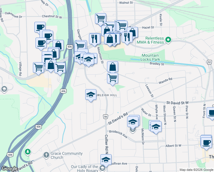 map of restaurants, bars, coffee shops, grocery stores, and more near in St. Catharines