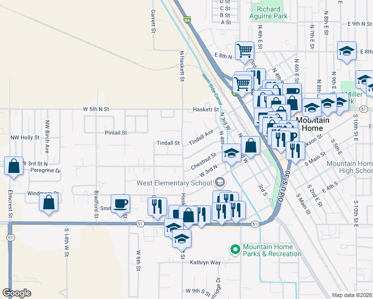 map of restaurants, bars, coffee shops, grocery stores, and more near 902 West 4th North in Mountain Home