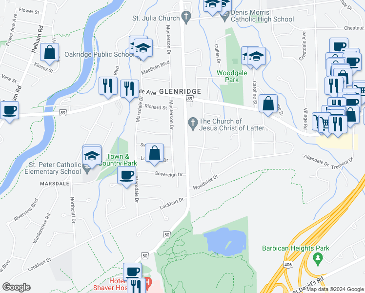 map of restaurants, bars, coffee shops, grocery stores, and more near 360 Glenridge Avenue in St. Catharines