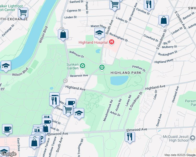 map of restaurants, bars, coffee shops, grocery stores, and more near 171 Reservoir Avenue in Rochester