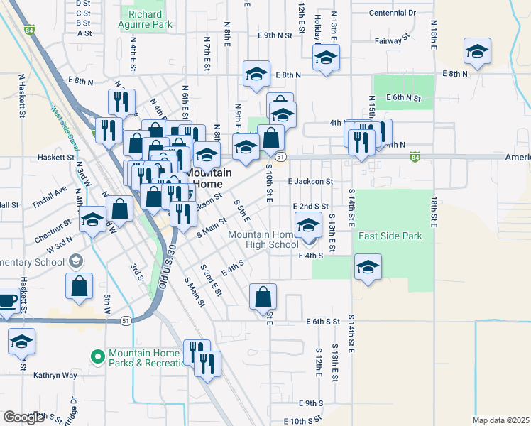 map of restaurants, bars, coffee shops, grocery stores, and more near 245 South 10th East Street in Mountain Home