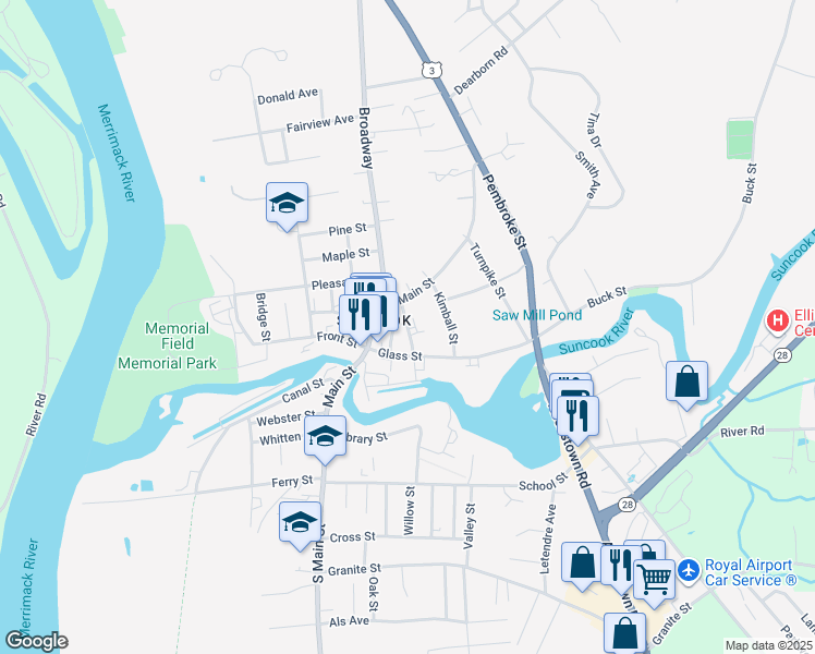 map of restaurants, bars, coffee shops, grocery stores, and more near 36 Church Street in Suncook