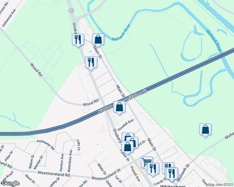 map of restaurants, bars, coffee shops, grocery stores, and more near 241 Main Street in Whitesboro