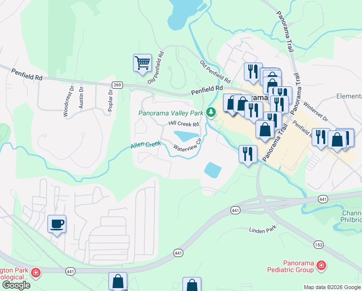 map of restaurants, bars, coffee shops, grocery stores, and more near 68 Waterview Circle in Rochester