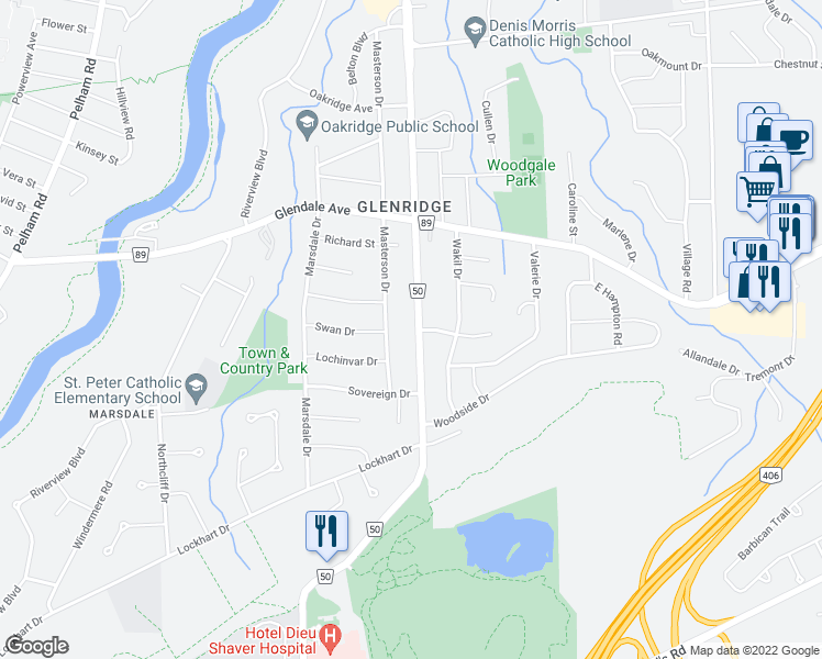 map of restaurants, bars, coffee shops, grocery stores, and more near 362 Glenridge Avenue in St. Catharines
