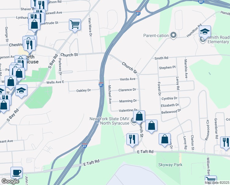 map of restaurants, bars, coffee shops, grocery stores, and more near 121 Clarence Drive in Syracuse