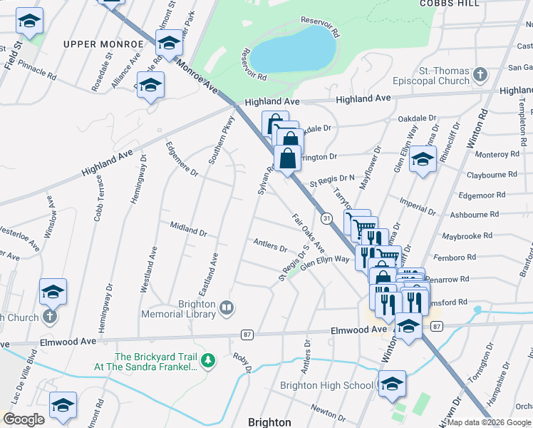 map of restaurants, bars, coffee shops, grocery stores, and more near 142 Sylvan Road in Rochester