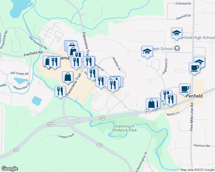 map of restaurants, bars, coffee shops, grocery stores, and more near 1676 Penfield Road in Rochester