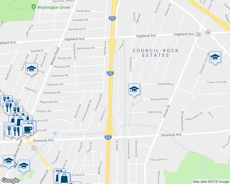 map of restaurants, bars, coffee shops, grocery stores, and more near 248 Village Lane in Rochester