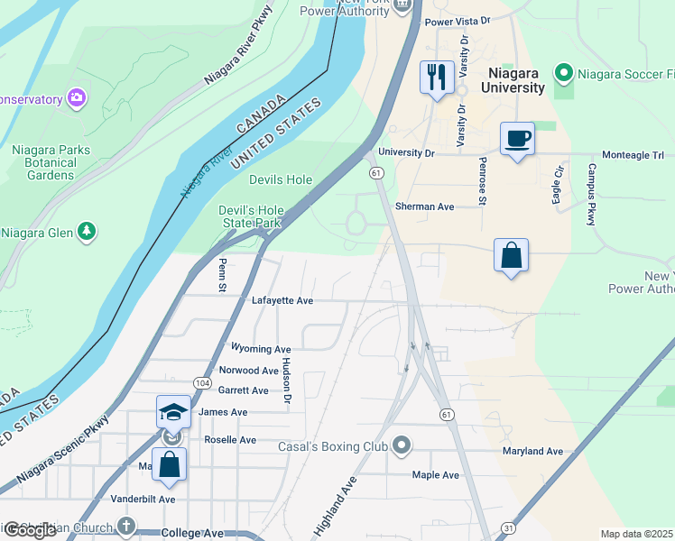 map of restaurants, bars, coffee shops, grocery stores, and more near 4820 University Court in Niagara Falls