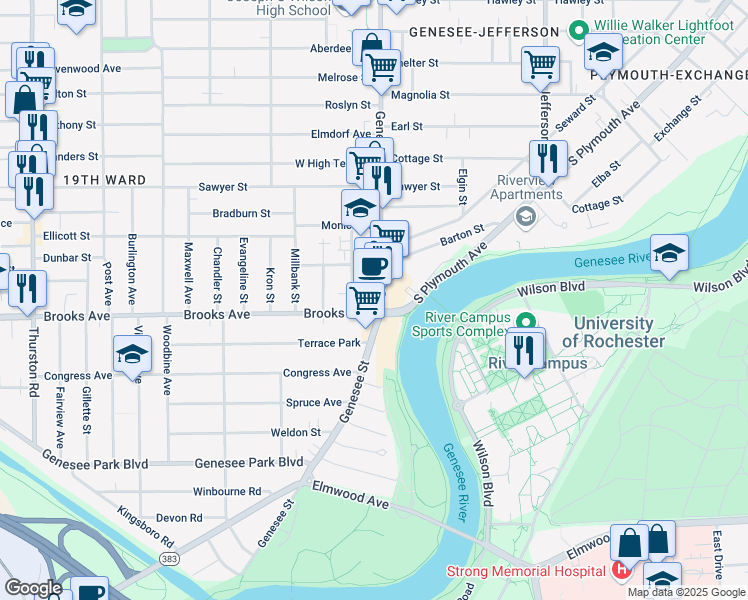 map of restaurants, bars, coffee shops, grocery stores, and more near 945 Genesee Street in Rochester