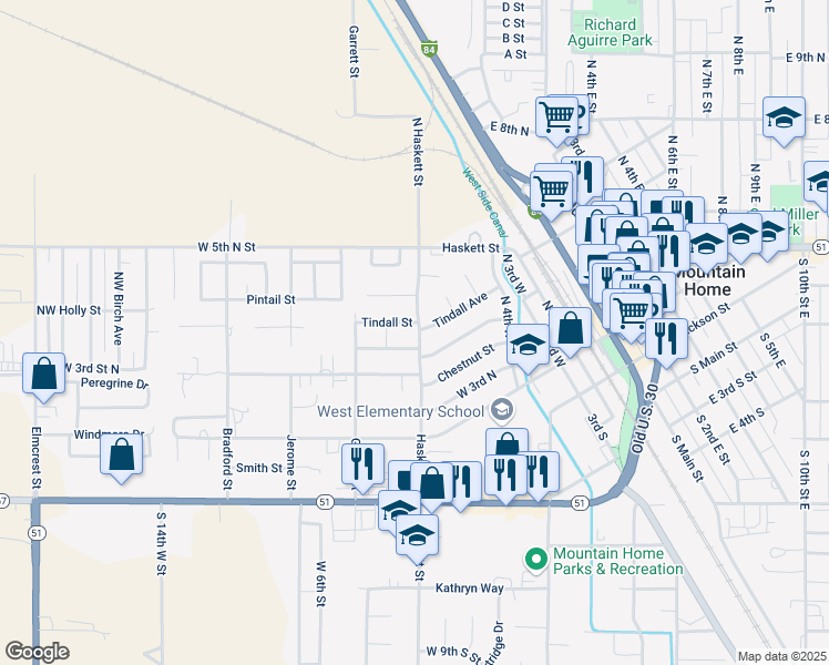 map of restaurants, bars, coffee shops, grocery stores, and more near 902 West 4th North in Mountain Home