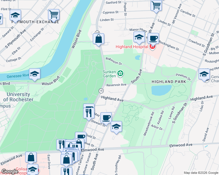 map of restaurants, bars, coffee shops, grocery stores, and more near 27 Reservoir Avenue in Rochester