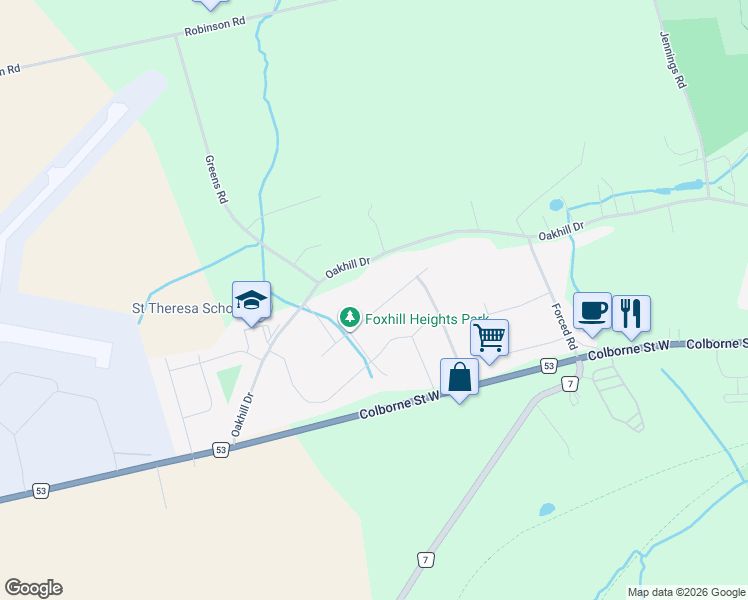 map of restaurants, bars, coffee shops, grocery stores, and more near 18 Farrow Road in Brantford