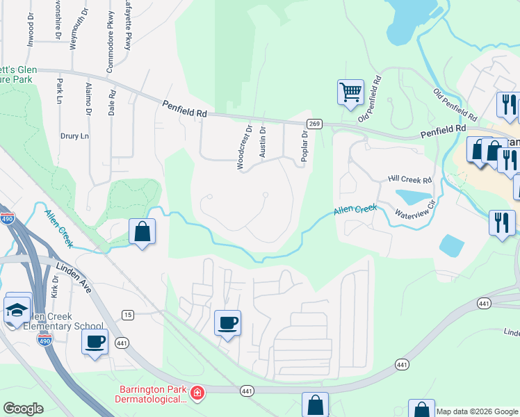 map of restaurants, bars, coffee shops, grocery stores, and more near 59 Shirewood Drive in Rochester