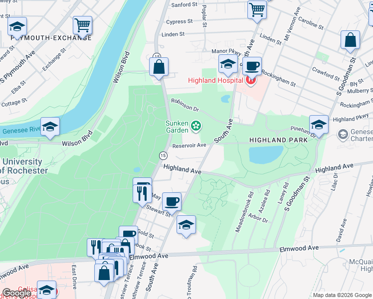 map of restaurants, bars, coffee shops, grocery stores, and more near 40 Pavilion Street in Rochester