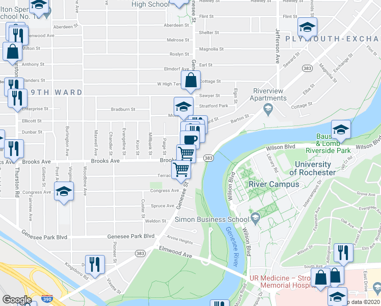 map of restaurants, bars, coffee shops, grocery stores, and more near in Rochester