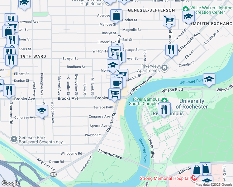 map of restaurants, bars, coffee shops, grocery stores, and more near in Rochester
