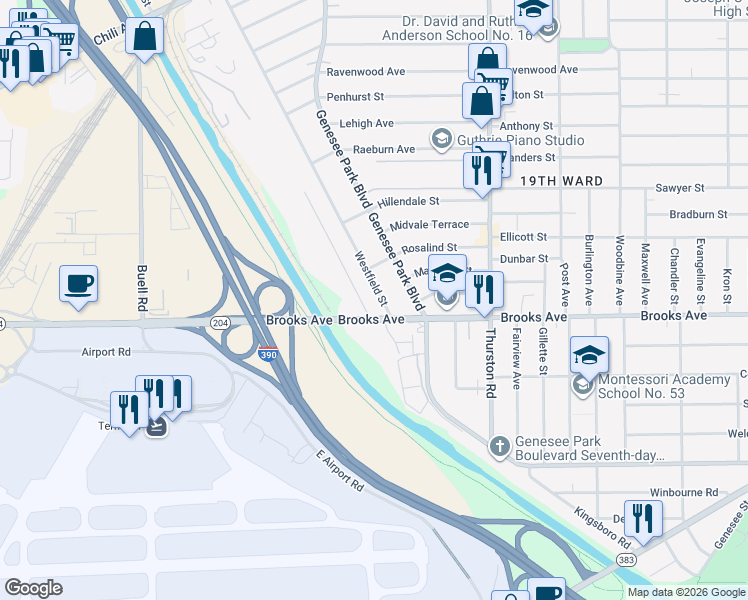map of restaurants, bars, coffee shops, grocery stores, and more near 760 Brooks Avenue in Rochester