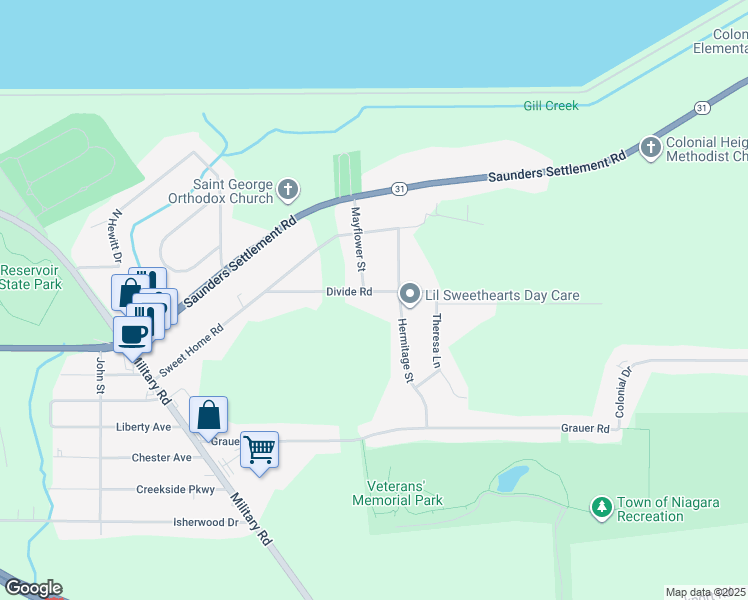 map of restaurants, bars, coffee shops, grocery stores, and more near 4830 Hermitage Street in Niagara Falls