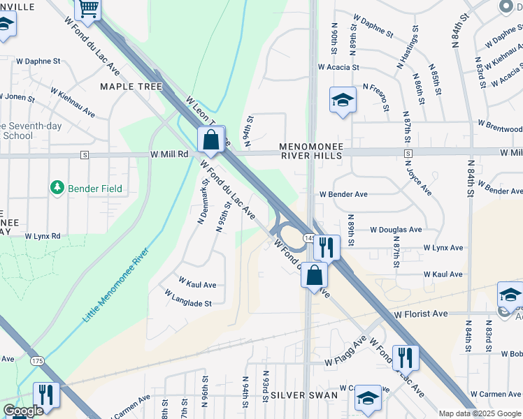 map of restaurants, bars, coffee shops, grocery stores, and more near 9350 West Fond Du Lac Avenue in Milwaukee