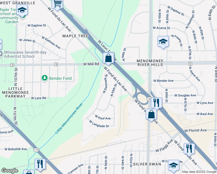map of restaurants, bars, coffee shops, grocery stores, and more near 6224 North Denmark Street in Milwaukee