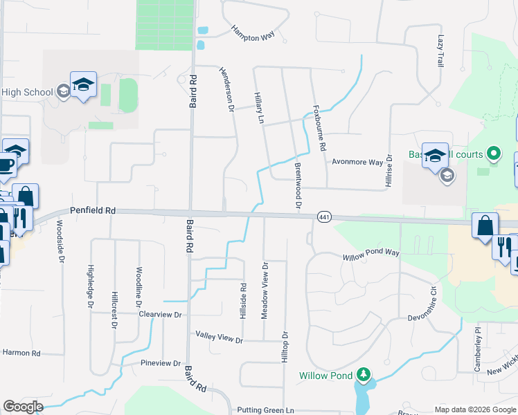 map of restaurants, bars, coffee shops, grocery stores, and more near 1985 Penfield Road in Penfield