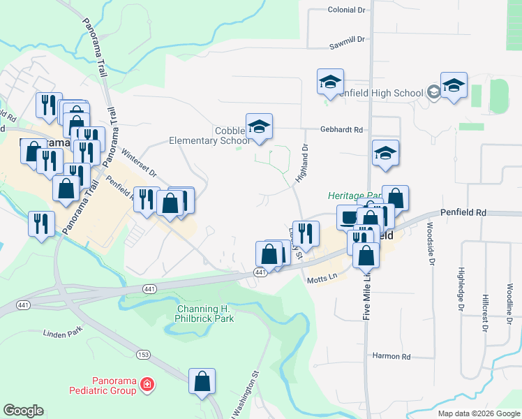 map of restaurants, bars, coffee shops, grocery stores, and more near 19 Cobblestone Crossing in Penfield