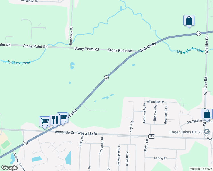 map of restaurants, bars, coffee shops, grocery stores, and more near 4061 Buffalo Road in Rochester