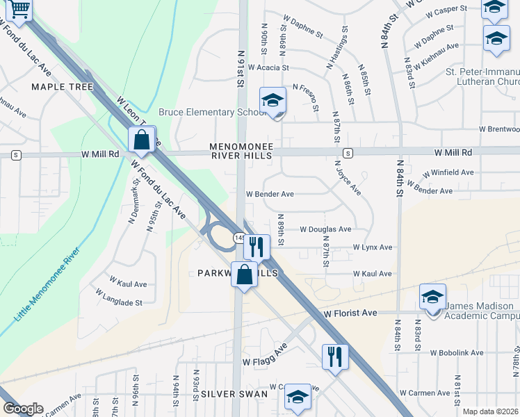 map of restaurants, bars, coffee shops, grocery stores, and more near 8939 West Monrovia Avenue in Milwaukee