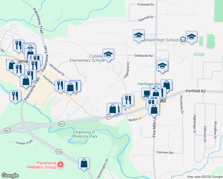 map of restaurants, bars, coffee shops, grocery stores, and more near 19 Cobblestone Crossing in Penfield