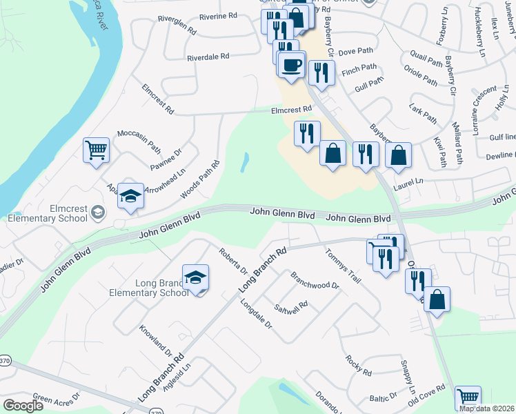 map of restaurants, bars, coffee shops, grocery stores, and more near John Glenn Boulevard in Liverpool