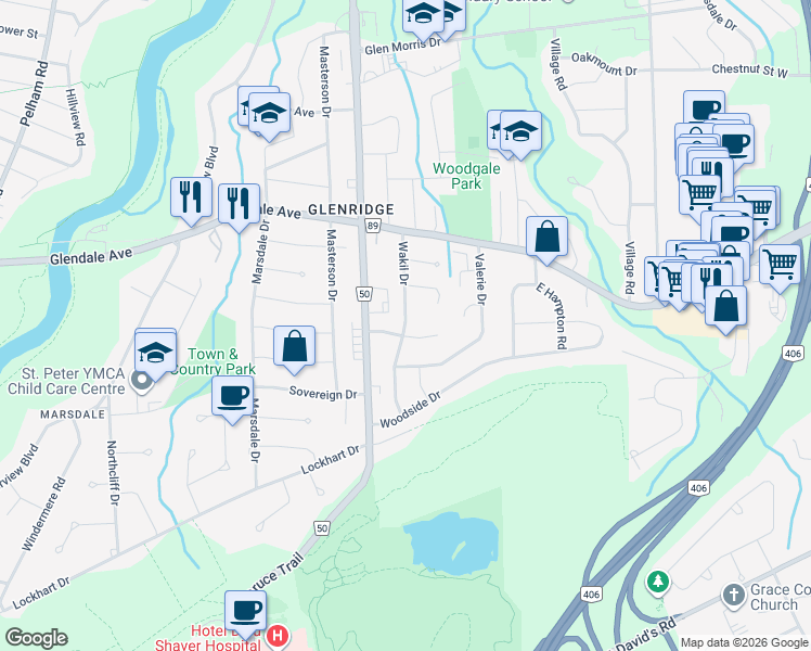 map of restaurants, bars, coffee shops, grocery stores, and more near Wakil Drive in Saint Catharines