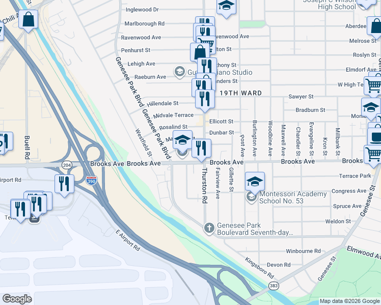 map of restaurants, bars, coffee shops, grocery stores, and more near 37 Ernestine Street in Rochester