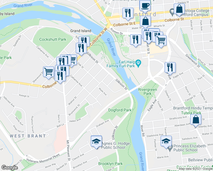 map of restaurants, bars, coffee shops, grocery stores, and more near 23 Stinson Avenue in Brantford