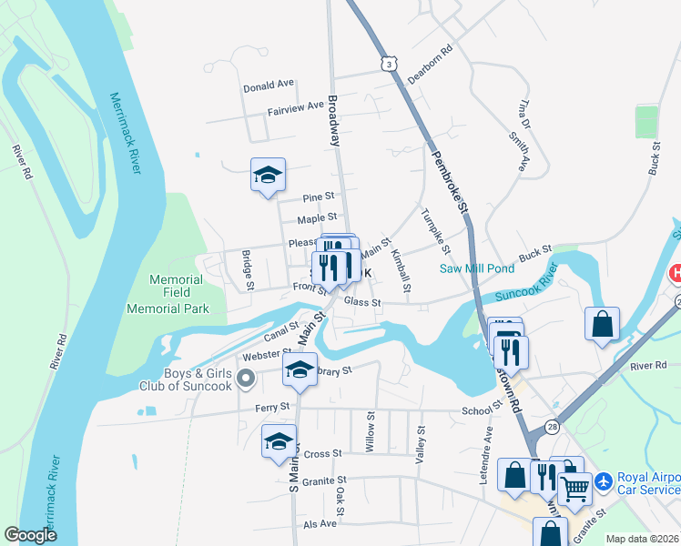 map of restaurants, bars, coffee shops, grocery stores, and more near in Hooksett